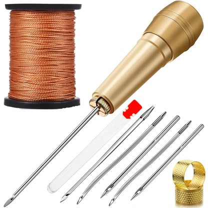 Leather Sewing Kit DIY Leather Sewing Awl Needle Kit with Copper Handle Leather Shoes Repairing Tool W/ Black/Brown/White Thread