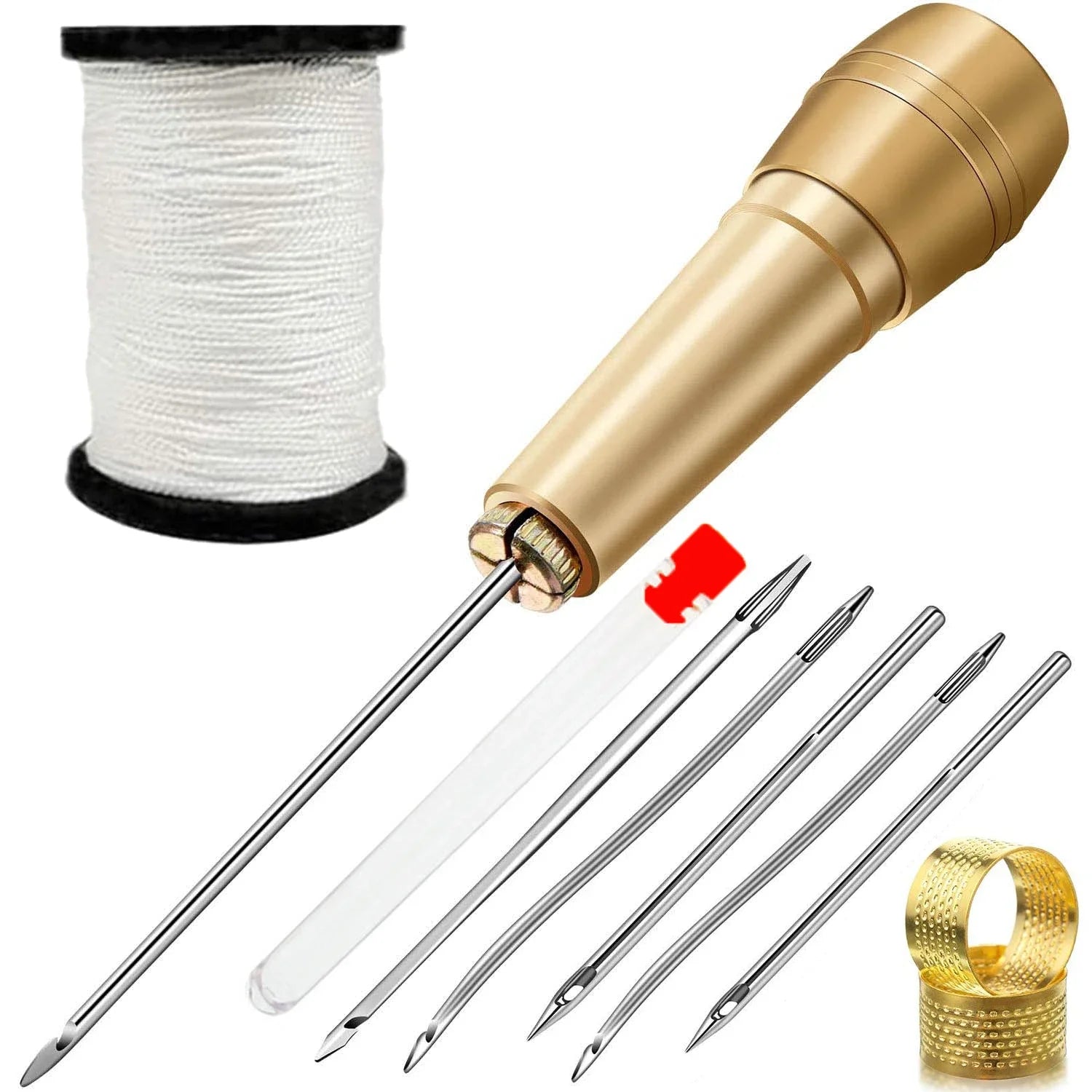 Leather Sewing Kit DIY Leather Sewing Awl Needle Kit with Copper Handle Leather Shoes Repairing Tool W/ Black/Brown/White Thread