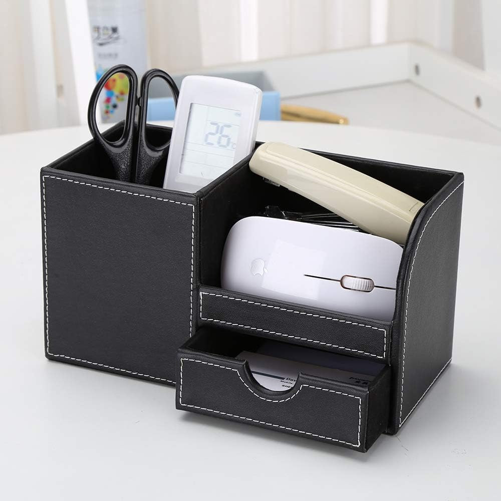 Desk Organizer Office Supplies Caddy Pu Leather Multi-Function Storage Box Pen/Pencil,Cell Phone, Business Name Cards Remote Control Holder with Small Drawer Black