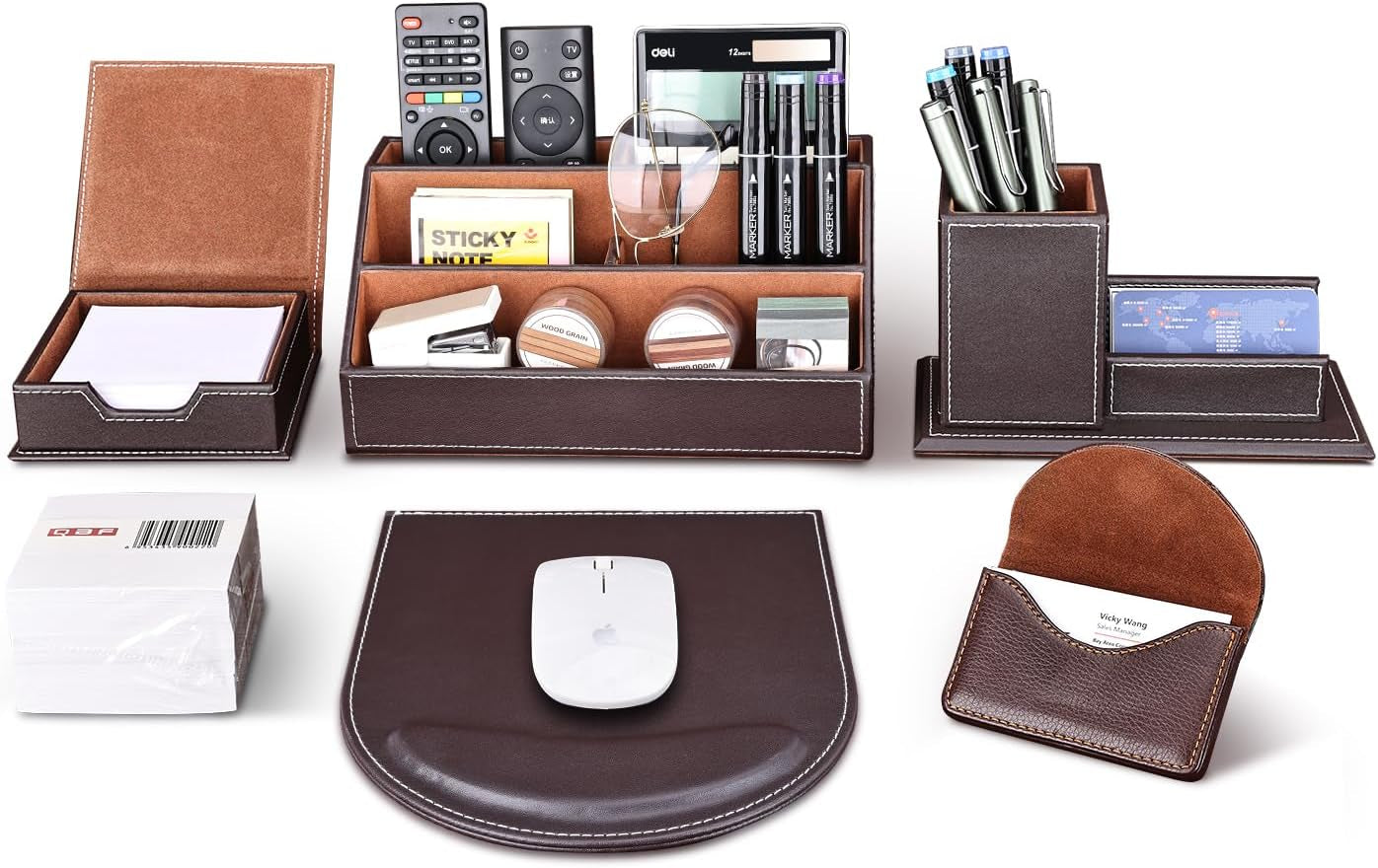 T31-6PCS/SET Office Desktop Decor Organizer Supplies Set PU Leather Remote Control Collection Holder, Pencil Holder Box, Business Card Holder, Mouse Pad, Sticky Notes Paper and Dispenser