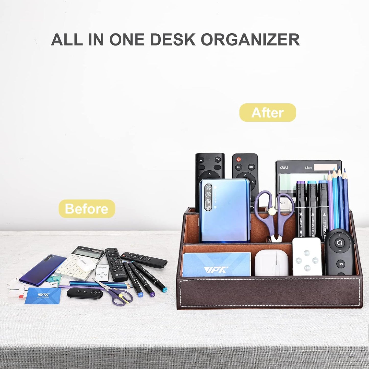 T31-6PCS/SET Office Desktop Decor Organizer Supplies Set PU Leather Remote Control Collection Holder, Pencil Holder Box, Business Card Holder, Mouse Pad, Sticky Notes Paper and Dispenser