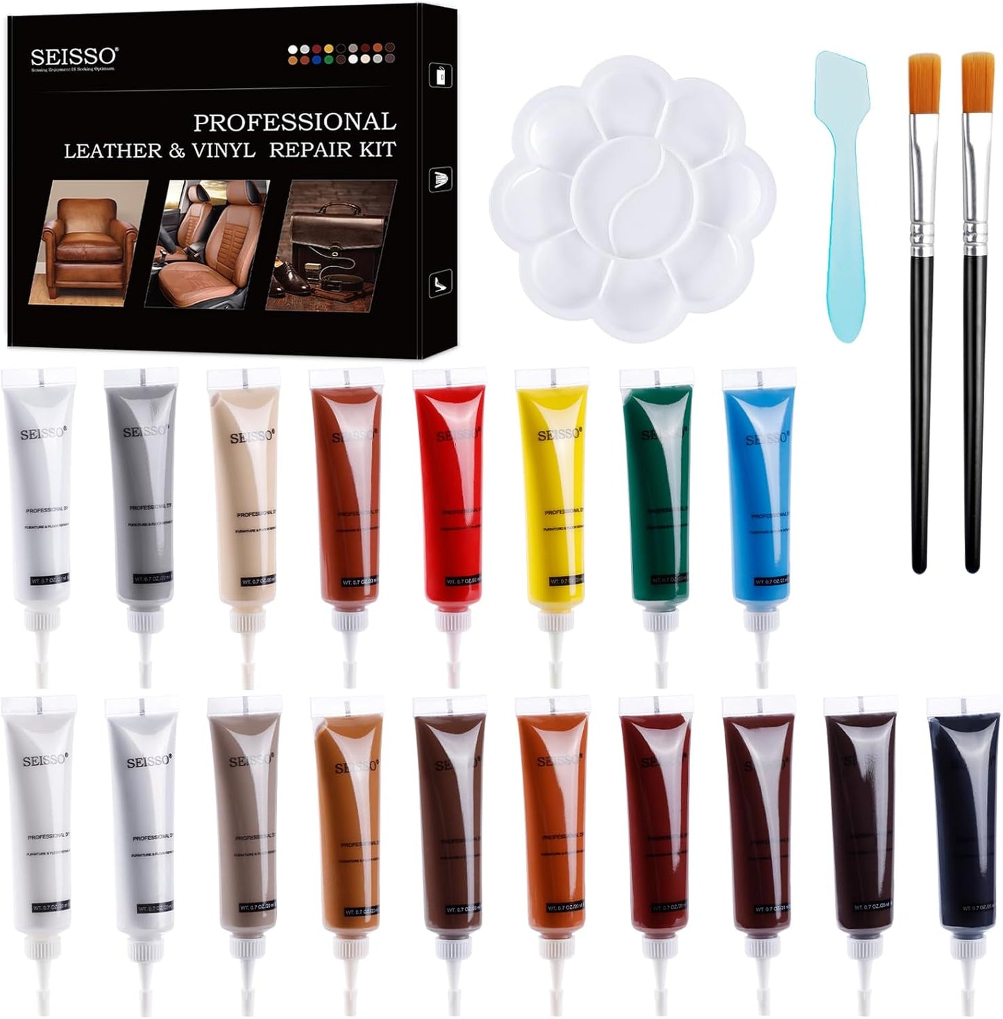 18 Colors Leather and Vinyl Repair Kit for Refurbishing Upholstery, Couch, Boat, Car Seat, Shoes and Jacket - Leather Dye Kit - a Simple and Convenient Leather Repair Solution