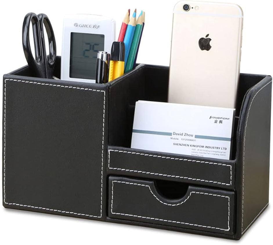 Desk Organizer Office Supplies Caddy Pu Leather Multi-Function Storage Box Pen/Pencil,Cell Phone, Business Name Cards Remote Control Holder with Small Drawer Black