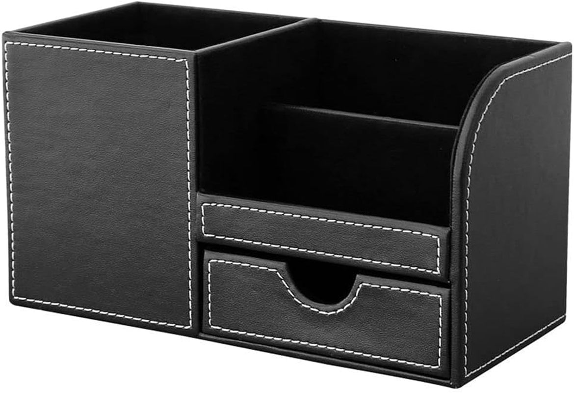 Desk Organizer Office Supplies Caddy Pu Leather Multi-Function Storage Box Pen/Pencil,Cell Phone, Business Name Cards Remote Control Holder with Small Drawer Black