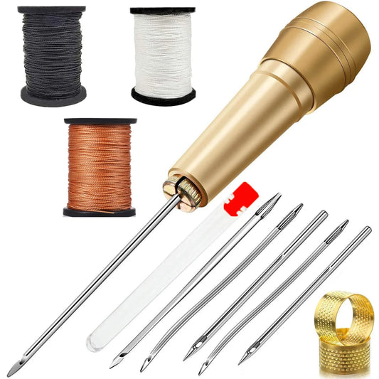 Leather Sewing Kit DIY Leather Sewing Awl Needle Kit with Copper Handle Leather Shoes Repairing Tool W/ Black/Brown/White Thread