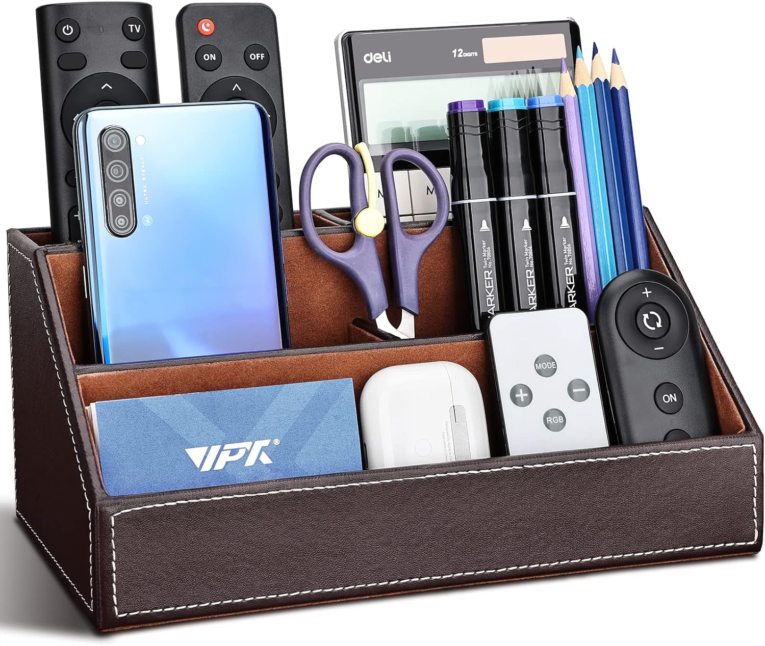 T31-6PCS/SET Office Desktop Decor Organizer Supplies Set PU Leather Remote Control Collection Holder, Pencil Holder Box, Business Card Holder, Mouse Pad, Sticky Notes Paper and Dispenser