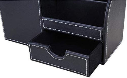 Desk Organizer Office Supplies Caddy Pu Leather Multi-Function Storage Box Pen/Pencil,Cell Phone, Business Name Cards Remote Control Holder with Small Drawer Black