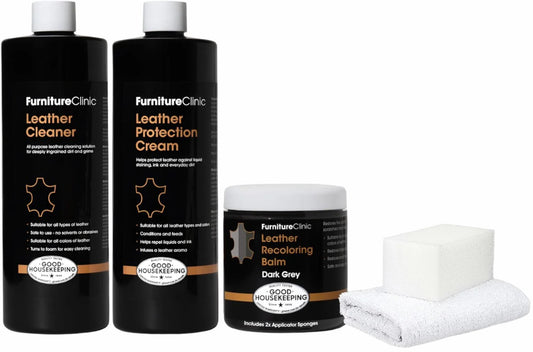 Leather Complete Restoration Kit | with Leather Recoloring Balm, Cleaner, 2-In-1 Protection Cream & Conditioner, Sponge, and Cloth | Leather Repair Kit for Furniture (Dark Grey)