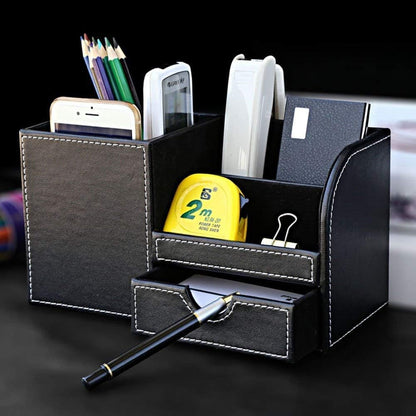 Desk Organizer Office Supplies Caddy Pu Leather Multi-Function Storage Box Pen/Pencil,Cell Phone, Business Name Cards Remote Control Holder with Small Drawer Black